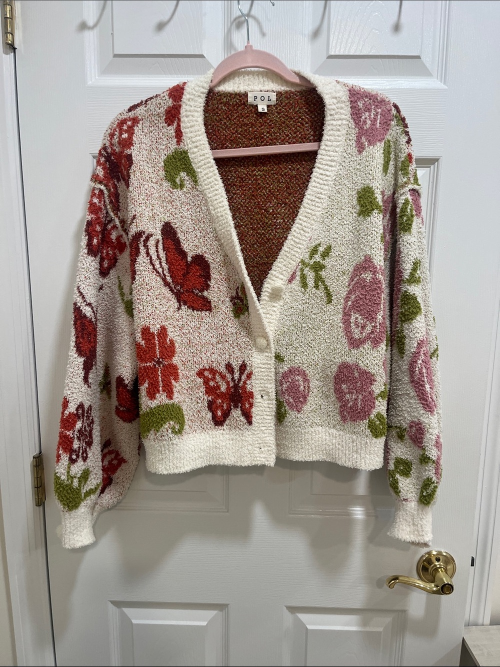 POL Cream Cardigan with Red, Pink & Green Floral Butterfly Jacquard